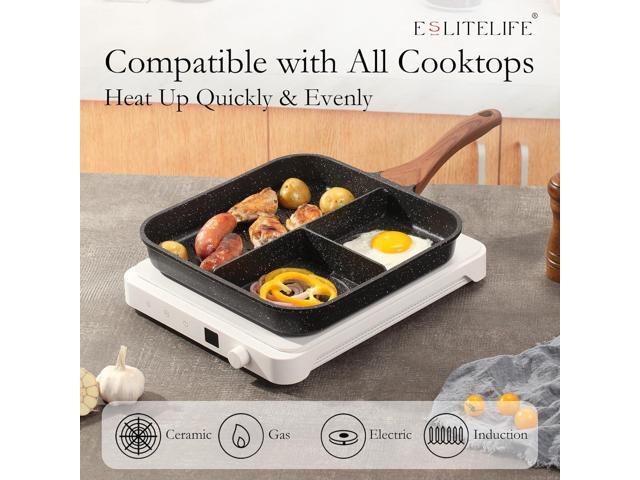 ESLITE LIFE 11 Inch Nonstick Divided Grill Pan with Lid for Indoor Cooking, Versatile 3-In-1 Induction Large Breakfast Pan for Stove Tops, PTFE &...