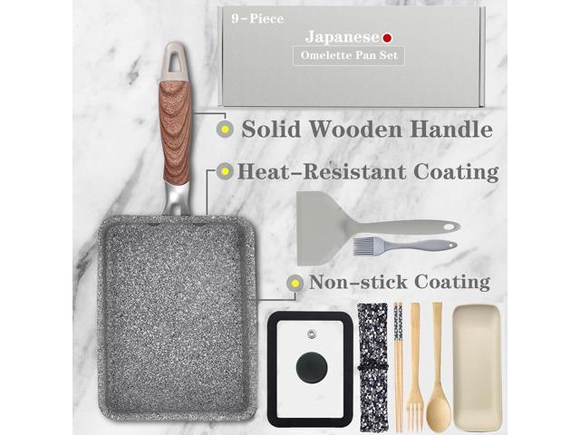 9 PCS Tamagoyaki Pan Set, Japanese Omelette Pan Nonstick with Lid, Square Japanese Egg Pan, Rectangle Tamago Pan 7' x 5' Grey