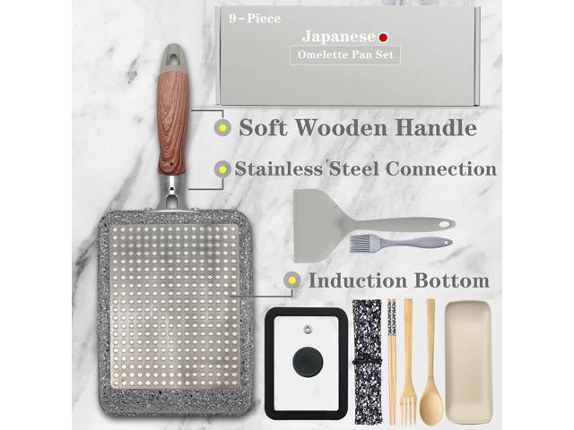 9 PCS Tamagoyaki Pan Set, Japanese Omelette Pan Nonstick with Lid, Square Japanese Egg Pan, Rectangle Tamago Pan 7' x 5' Grey