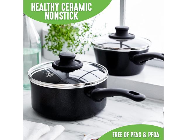 GreenLife Soft Grip Healthy Ceramic Nonstick, 1QT and 2QT Saucepan Pot Set with Lids, PFAS-Free, Dishwasher Safe, Black