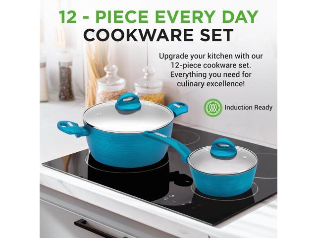NutriChef Professional 12-Piece Nonstick Cookware - PFOA/PFOS-Free, Heat Resistant Lacquer, Elegant Design, Multi-Sized Pots and Pans, Teal/Gray/Green