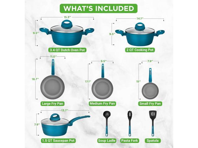 NutriChef Professional 12-Piece Nonstick Cookware - PFOA/PFOS-Free, Heat Resistant Lacquer, Elegant Design, Multi-Sized Pots and Pans, Teal/Gray/Green