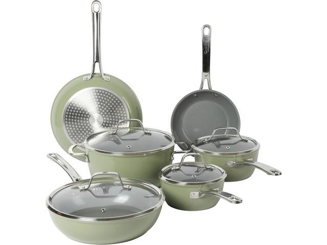 Sur La Table Kitchen Essentials 10 Piece PFA Free Non-Toxic Titanium Ceramic Nonstick Interior Forged Aluminum Cookware Pots and Pans Set - Green -...