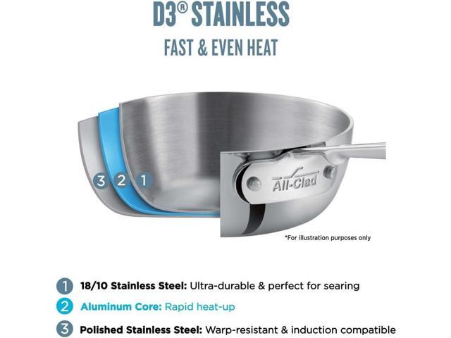 All-Clad D3 Stainless Steel Frying Pan with Lid, Tri-Ply Bonded, 12-Inch, Silver
