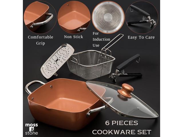 Moss & Stone Copper 6 Piece Set Chef Cookware, Non Stick Pan, Deep Square Pan, Fry Basket, Steamer Tray, Dishwasher & Oven Safe, 5 Quart Copper Pot...