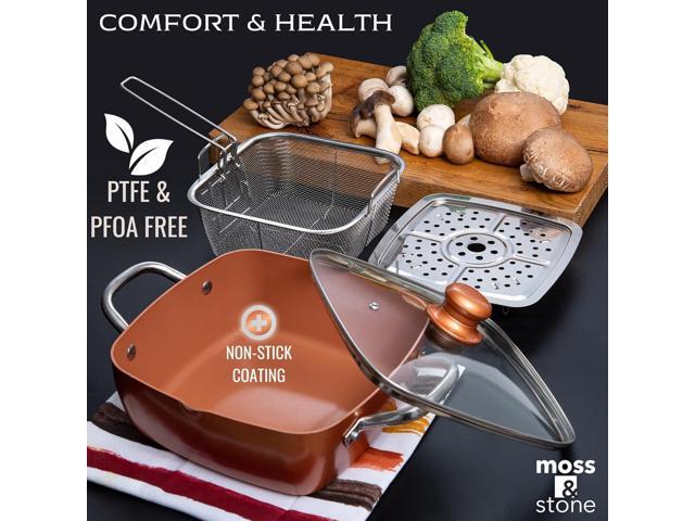 Moss & Stone Copper 6 Piece Set Chef Cookware, Non Stick Pan, Deep Square Pan, Fry Basket, Steamer Tray, Dishwasher & Oven Safe, 5 Quart Copper Pot...