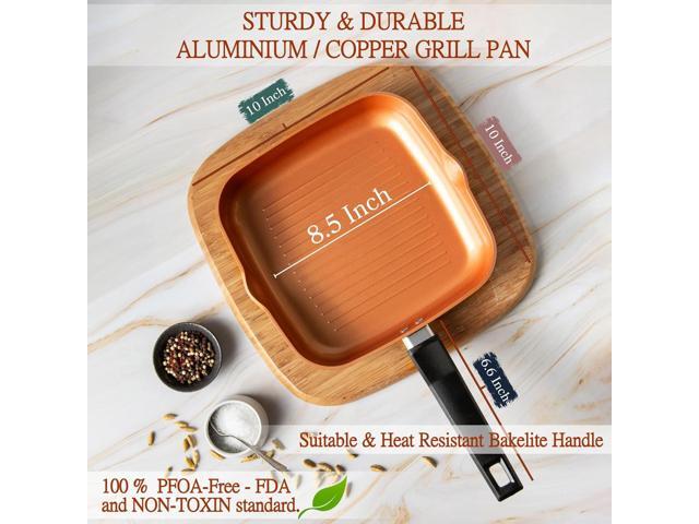 Moss & Stone Square Grill Pan For Indoor Cooking, 9.5In Frying Pan Copper Non-Stick Saute Fry Pan, Induction Copper Pan for Meats & Vegetables,...