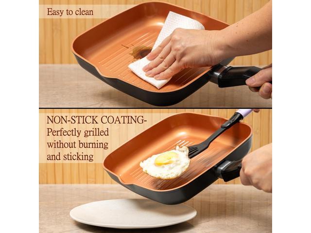 Moss & Stone Square Grill Pan For Indoor Cooking, 9.5In Frying Pan Copper Non-Stick Saute Fry Pan, Induction Copper Pan for Meats & Vegetables,...