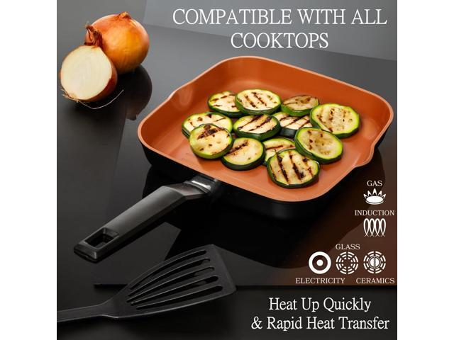 Moss & Stone Square Grill Pan For Indoor Cooking, 9.5In Frying Pan Copper Non-Stick Saute Fry Pan, Induction Copper Pan for Meats & Vegetables,...