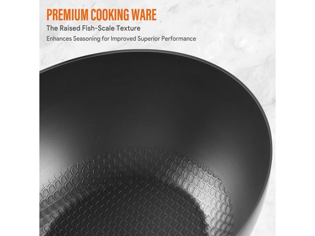 Carbon Steel Wok Pan, 9.5' Authentic Chinese Wok & Stir-Fry Pans Set with Glass Lid, 1.65lb Lightweight Flat Bottom Small Wok for 1-2 Servings