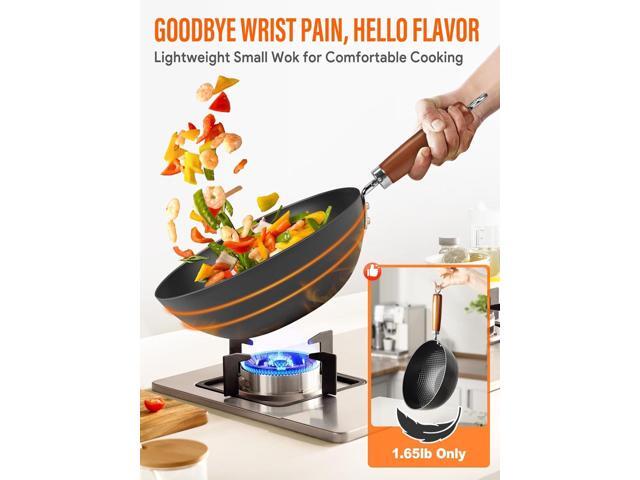 Carbon Steel Wok Pan, 9.5' Authentic Chinese Wok & Stir-Fry Pans Set with Glass Lid, 1.65lb Lightweight Flat Bottom Small Wok for 1-2 Servings