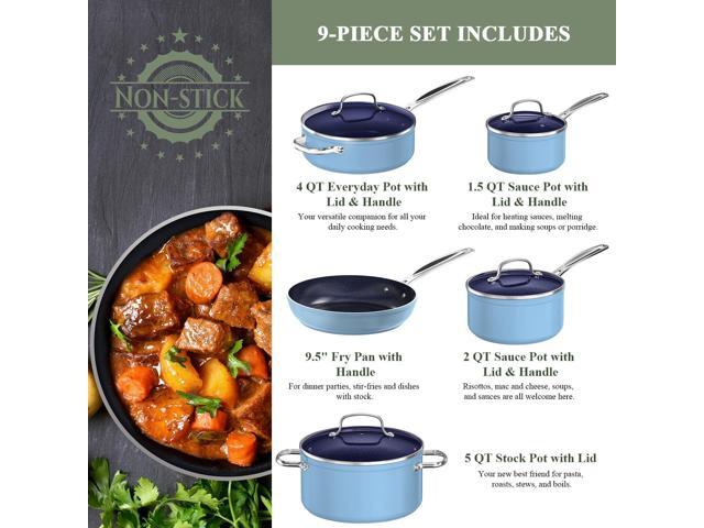 Nuwave 9pc Cookware Set Healthy Duralon Blue Ceramic Nonstick Coated, Diamond Infused Scratch-Resistant, PFAS Free, Oven Safe, Induction Ready &...