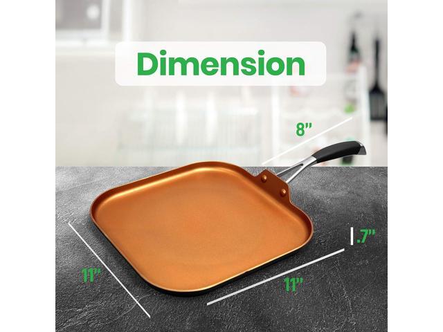 NutriChef Copper Pan Non-Stick Coating Inside, Hard-Anodized Look Heat Resistant Lacquer Outside, Silicone Handle NCSQPA, 1 Griddle