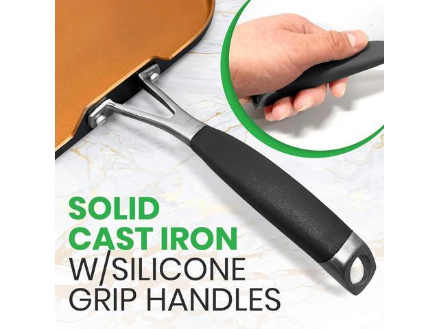 NutriChef Copper Pan Non-Stick Coating Inside, Hard-Anodized Look Heat Resistant Lacquer Outside, Silicone Handle NCSQPA, 1 Griddle