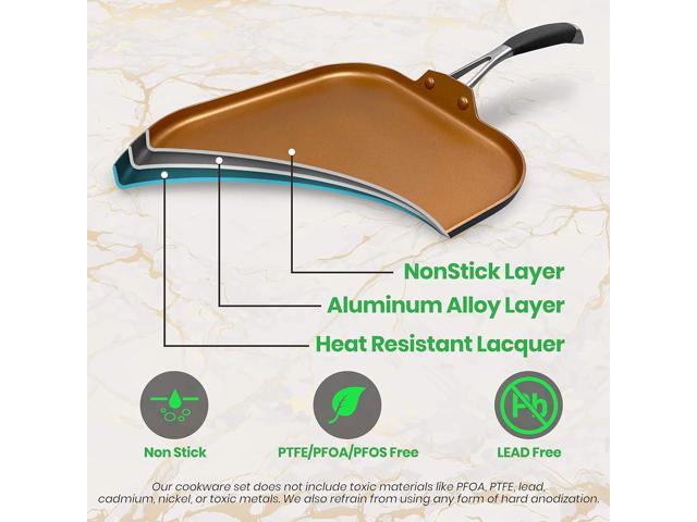 NutriChef Copper Pan Non-Stick Coating Inside, Hard-Anodized Look Heat Resistant Lacquer Outside, Silicone Handle NCSQPA, 1 Griddle