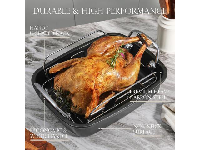 KITESSENSU Nonstick Turkey Roasting Pan with Rack 17 x 14 inch - Large Chicken Roaster Pan for Oven - Wider Handles & Heavy Duty Construction -...