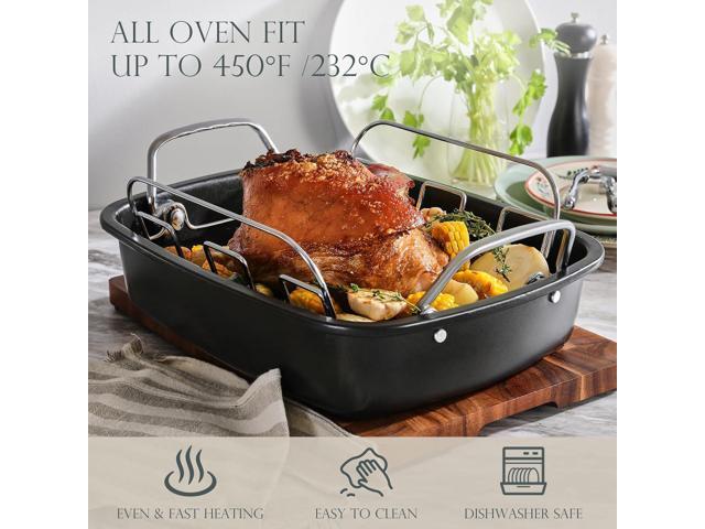 KITESSENSU Nonstick Turkey Roasting Pan with Rack 17 x 14 inch - Large Chicken Roaster Pan for Oven - Wider Handles & Heavy Duty Construction -...