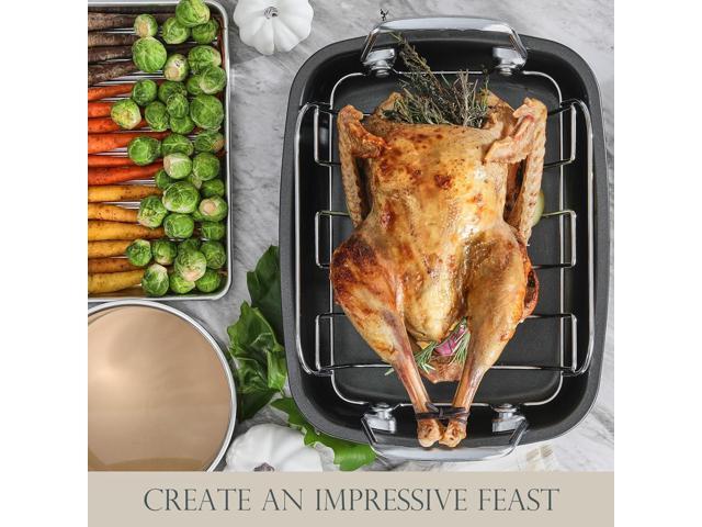 KITESSENSU Nonstick Turkey Roasting Pan with Rack 17 x 14 inch - Large Chicken Roaster Pan for Oven - Wider Handles & Heavy Duty Construction -...