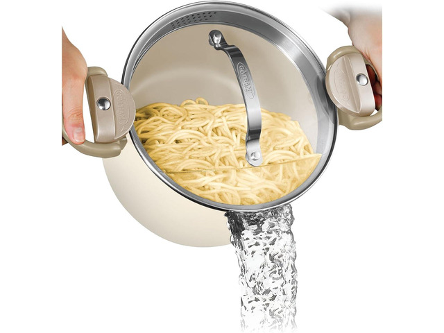 GOTHAM STEEL 5 Qt Ceramic Stock Pot Multipurpose Pasta Pot with Strainer Lid & Twist and Lock Handles, Nonstick Ceramic Pot for Soup, Spaghetti,...