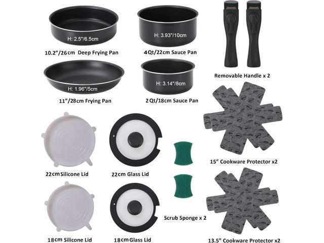 16 Pieces Kitchen Removable Handle Cookware Sets, Stackable Pots and Pans Set Nonstick for Induction Gas RVs Camping Space Saving