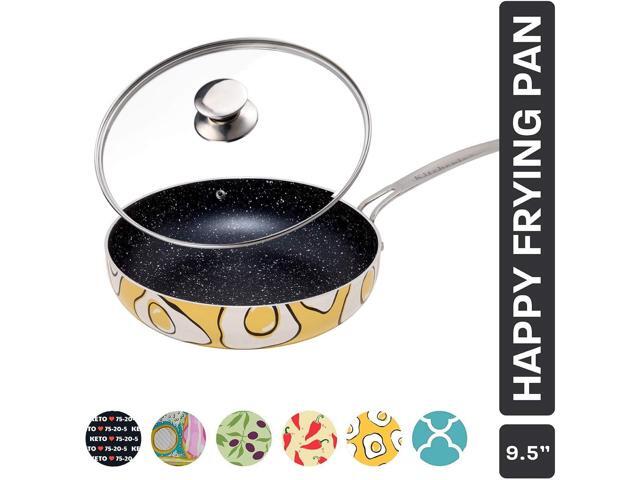 KITCHENLY Happy Frying Pan & Lid - Nonstick Pan, Deep Nonstick Frying Pan Stone Cookware - Oven, Electric, Gas, and Induction Compatible - 9.5 inch