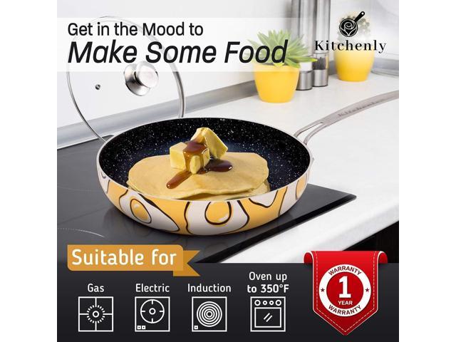 KITCHENLY Happy Frying Pan & Lid - Nonstick Pan, Deep Nonstick Frying Pan Stone Cookware - Oven, Electric, Gas, and Induction Compatible - 9.5 inch