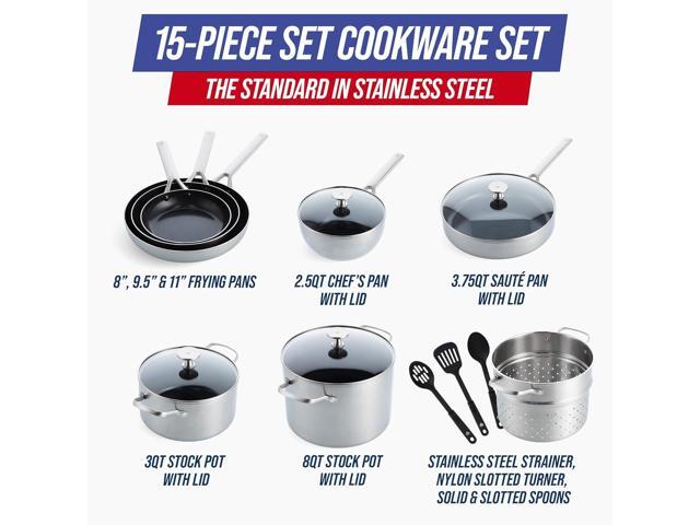 Blue Diamond 15-Piece Tri-Ply Stainless Steel Cookware Set, Healthy Ceramic Nonstick, Induction-Compatible Pots & Pans, PFAS & PFOA-Free,...