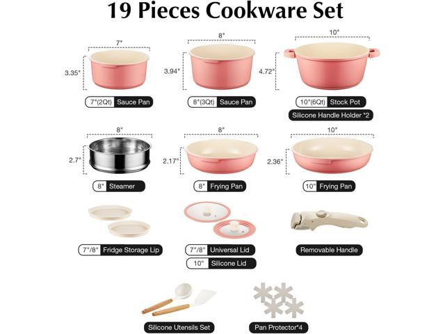 IKTU Ceramic Pots and Pans Set Non Stick Pink, 19 Pcs Nonstick Cookware Set with Detachable Handle RV Camping Induction Kitchen Cookware Set Non...