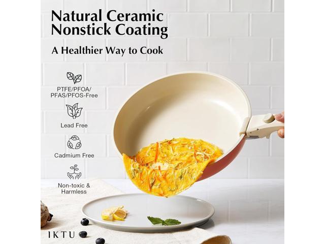 IKTU Ceramic Pots and Pans Set Non Stick Pink, 19 Pcs Nonstick Cookware Set with Detachable Handle RV Camping Induction Kitchen Cookware Set Non...