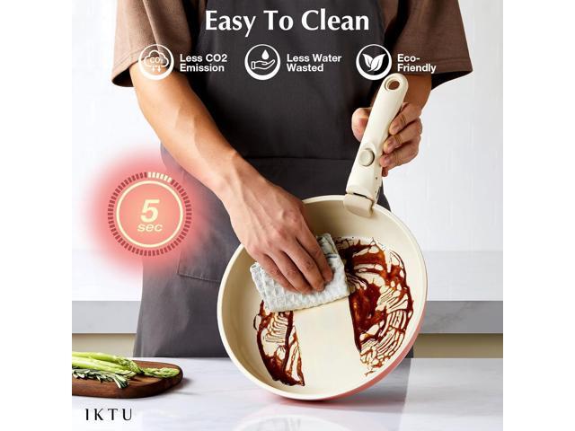 IKTU Ceramic Pots and Pans Set Non Stick Pink, 19 Pcs Nonstick Cookware Set with Detachable Handle RV Camping Induction Kitchen Cookware Set Non...