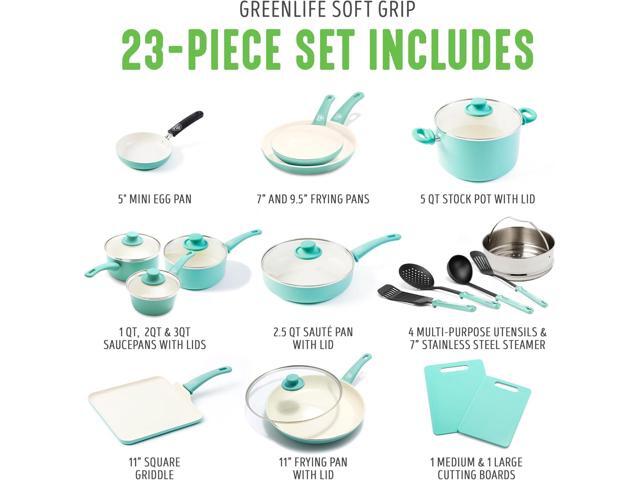 GreenLife Soft Grip 23 Piece Kitchen Cookware Pots and Frying Saucepans Set, Healthy Ceramic Nonstick PFAS and PFOA-Free, Dishwasher and Oven Safe,...