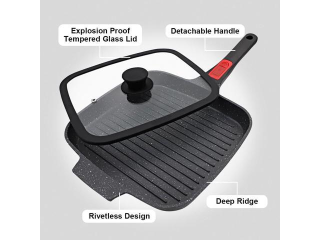 Griddle Pan with Lid, 10 Inch Cast Aluminium Non Stick Grill Pan with Detachable Handle for Induction Hob, Black