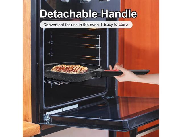 Griddle Pan with Lid, 10 Inch Cast Aluminium Non Stick Grill Pan with Detachable Handle for Induction Hob, Black