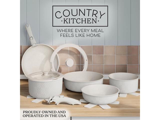 Country Kitchen Cookware Set with Removable Handle, Oven & RV Safe Pots and Pans Set, Cream Rhombus, Original