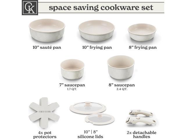 Country Kitchen Cookware Set with Removable Handle, Oven & RV Safe Pots and Pans Set, Cream Rhombus, Original