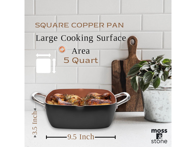 Moss & Stone Copper 5 Piece Set Chef Cookware, 9.5 Non Stick Pan, Deep Square Pan, Fry Basket, Steamer Tray, Dishwasher & Oven Safe, 5 Quart Copper...