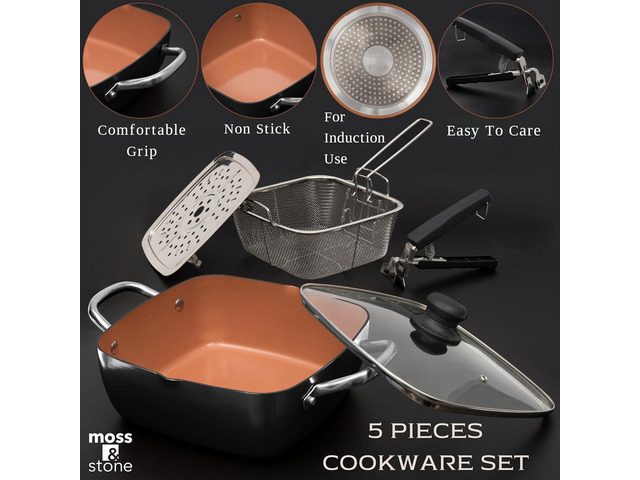 Moss & Stone Copper 5 Piece Set Chef Cookware, 9.5 Non Stick Pan, Deep Square Pan, Fry Basket, Steamer Tray, Dishwasher & Oven Safe, 5 Quart Copper...