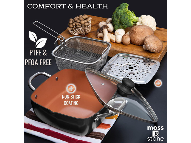 Moss & Stone Copper 5 Piece Set Chef Cookware, 9.5 Non Stick Pan, Deep Square Pan, Fry Basket, Steamer Tray, Dishwasher & Oven Safe, 5 Quart Copper...