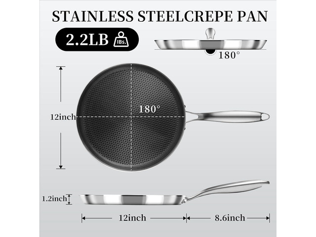 Nonstick Crepe Pan 12 inch Stainless Steel Crepe Pan Honeycomb Coating Flat Skillet Tawa Dosa Tortilla Pan,Omelet Pan with All Stove Tops...