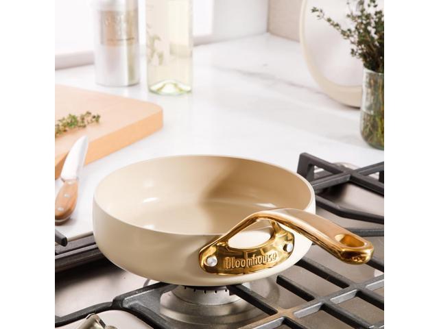 Oprah's Favorite Things - 8 Inch Heavy Duty Aluminum Premium PFA Free Ceramic Nonstick Saute/Deep Frying Pan Skillet - Linen White with Gold Handle