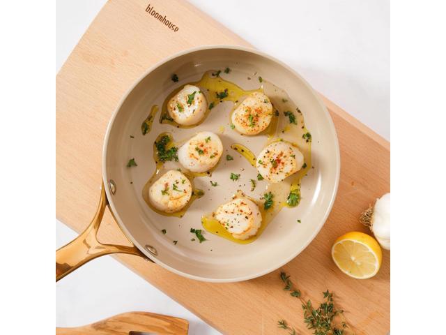 Oprah's Favorite Things - 8 Inch Heavy Duty Aluminum Premium PFA Free Ceramic Nonstick Saute/Deep Frying Pan Skillet - Linen White with Gold Handle