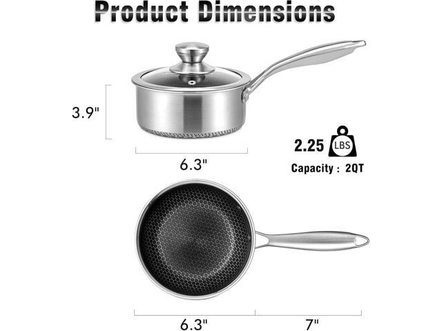 AuFranc Hybrid Nonstick 2 Quart Stainless Steel Saucepan with Glass Lid, Induction Sauce Pan with Honeycomb Carving, Non-stick Sauce Pot Compatible...