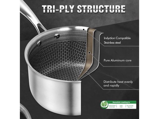 AuFranc Hybrid Nonstick 2 Quart Stainless Steel Saucepan with Glass Lid, Induction Sauce Pan with Honeycomb Carving, Non-stick Sauce Pot Compatible...