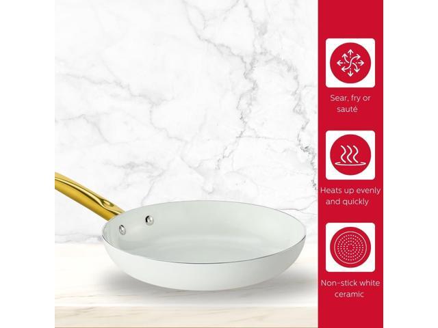 Holstein Housewares 8-Inch Ceramic Nonstick Frying Pan Skillet, Elegant White and Gold Color Handle - Golden Elegance for Every Kitchen