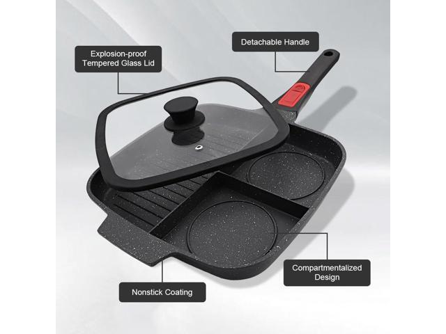 3 Section Grill Pan for Stove Tops with Detachable Handle, Nonstick Versatile Griddle Pan with Lid, Square Skillet PFOA Free, Black