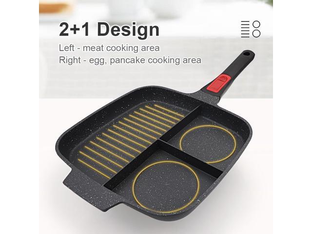 3 Section Grill Pan for Stove Tops with Detachable Handle, Nonstick Versatile Griddle Pan with Lid, Square Skillet PFOA Free, Black