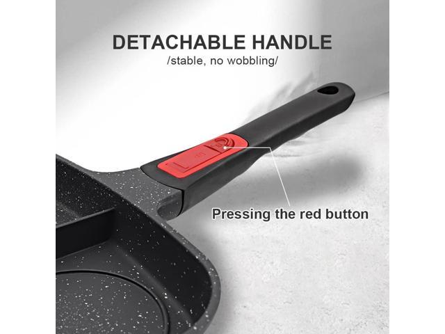 3 Section Grill Pan for Stove Tops with Detachable Handle, Nonstick Versatile Griddle Pan with Lid, Square Skillet PFOA Free, Black
