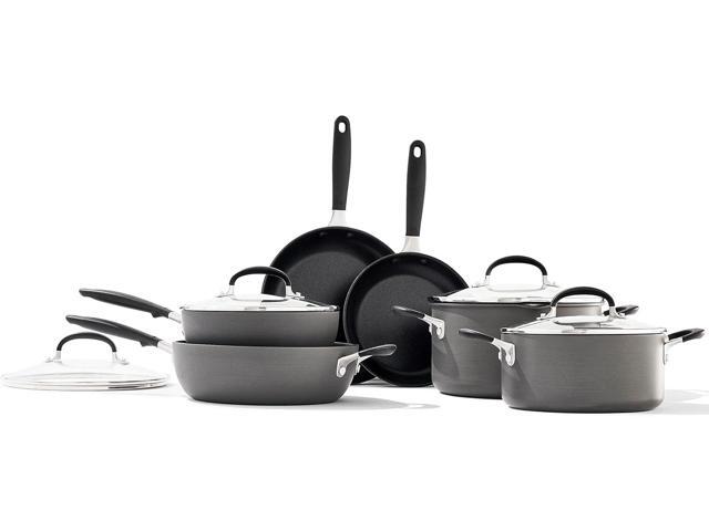 OXO Good Grips 10 Piece Cookware Pots and Pans Set, 3-Layered German Engineered Nonstick Coating, Stainless Steel Handle with Nonslip Silicone, Gray
