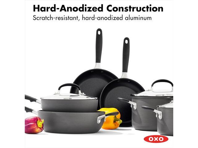 OXO Good Grips 10 Piece Cookware Pots and Pans Set, 3-Layered German Engineered Nonstick Coating, Stainless Steel Handle with Nonslip Silicone, Gray