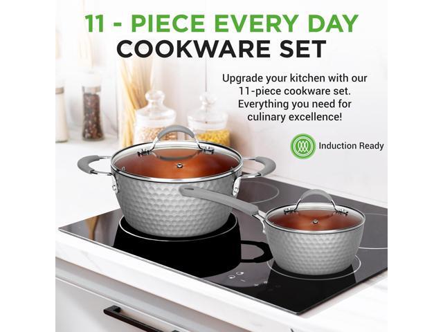NutriChef 11 Pc Nonstick Cookware - PTFE/PFOA/PFOS Free Kitchenware Pots & Pans Set with Saucepan, Frying Pans, Cooking Pots, Lids, Utensils, Gray